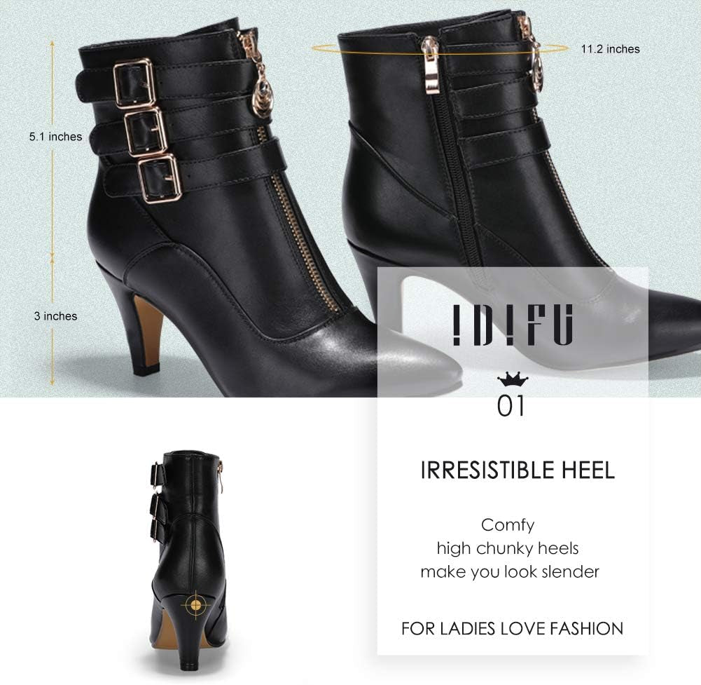 Women'S Buckle Strap Ankle Booties 3 Inch Pointed Toe Zipper Heels Dress Jeans Boots