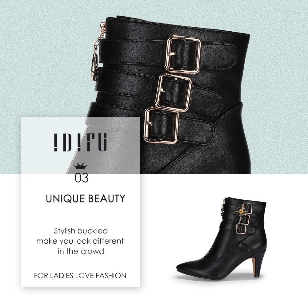 Women'S Buckle Strap Ankle Booties 3 Inch Pointed Toe Zipper Heels Dress Jeans Boots