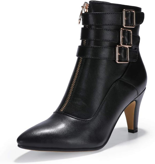Women'S Buckle Strap Ankle Booties 3 Inch Pointed Toe Zipper Heels Dress Jeans Boots