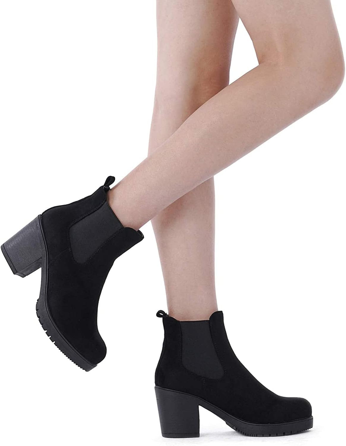 Women'S High Chunky Heel Chelsea Ankle Boots Slip on Elastic Fall Heeled Booties Shoes
