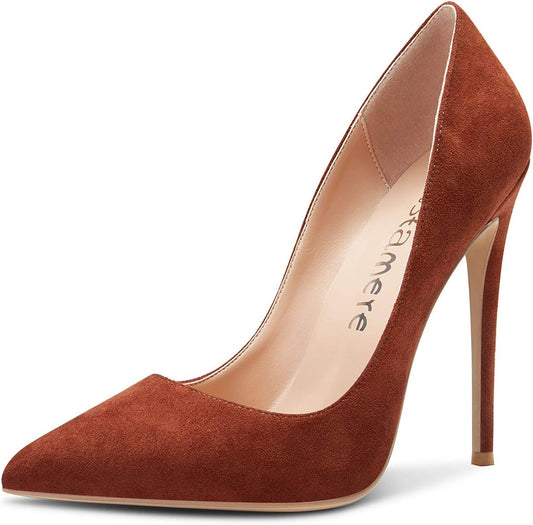 Womens Sky High Heels Basic Pumps Pointed Toe Stilettos 12CM Heel Shoes Brown Suede Shoes 11 M US